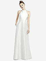 Rear View Thumbnail - White High-Neck Cutout Satin Dress with Pockets