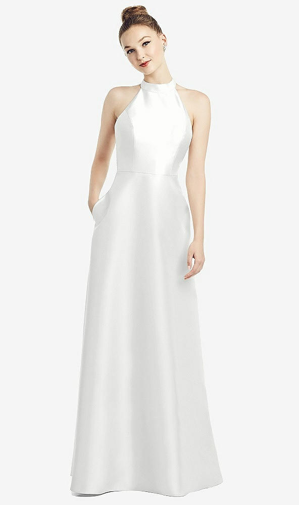 Back View - White High-Neck Cutout Satin Dress with Pockets
