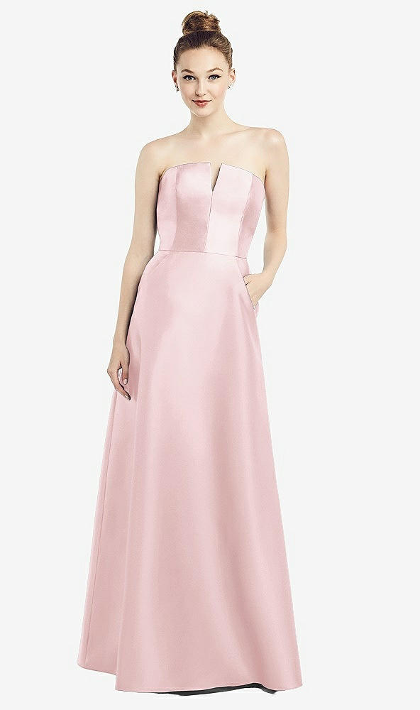 Front View - Ballet Pink Strapless Notch Satin Gown with Pockets
