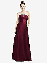 Front View Thumbnail - Cabernet Strapless Notch Satin Gown with Pockets