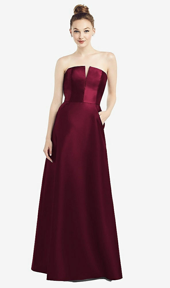 Front View - Cabernet Strapless Notch Satin Gown with Pockets