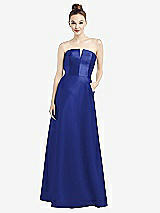 Front View Thumbnail - Cobalt Blue Strapless Notch Satin Gown with Pockets