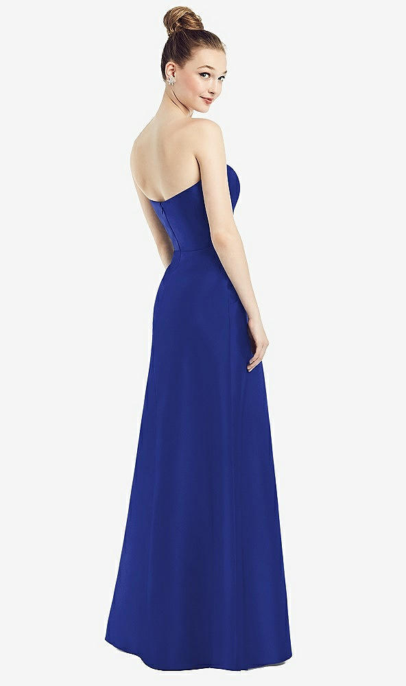 Back View - Cobalt Blue Strapless Notch Satin Gown with Pockets