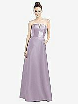 Front View Thumbnail - Lilac Haze Strapless Notch Satin Gown with Pockets