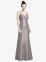 Rear View Thumbnail - Cashmere Gray Open-Back Bow Tie Satin Trumpet Gown