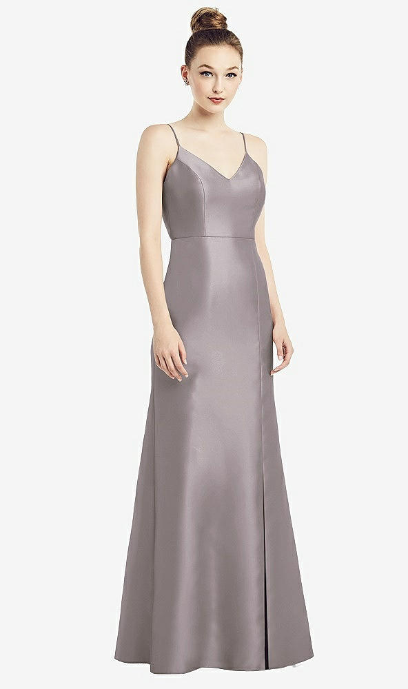 Back View - Cashmere Gray Open-Back Bow Tie Satin Trumpet Gown