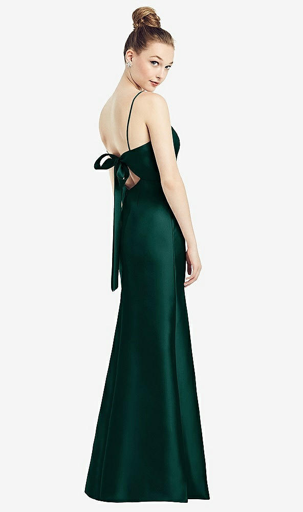 Front View - Evergreen Open-Back Bow Tie Satin Trumpet Gown
