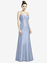 Rear View Thumbnail - Sky Blue Open-Back Bow Tie Satin Trumpet Gown