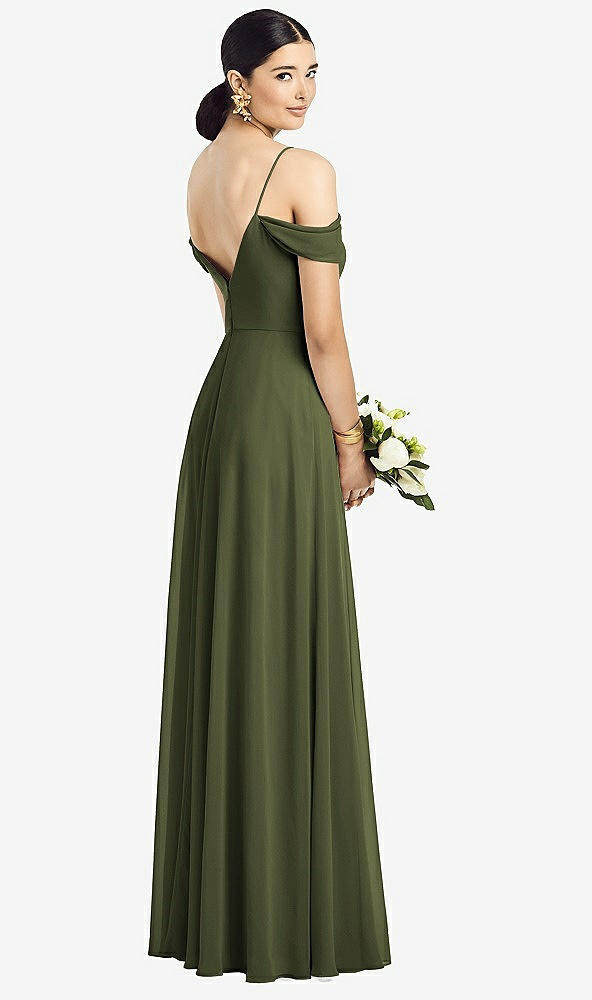 Back View - Olive Green Cold-Shoulder V-Back Chiffon Maxi Dress