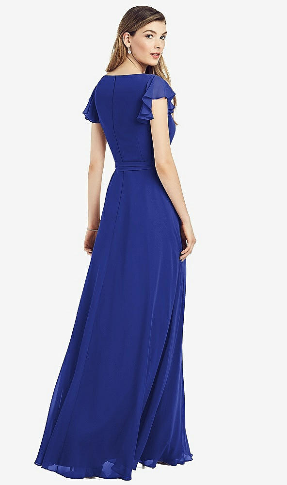 Back View - Cobalt Blue Flutter Sleeve Faux Wrap Chiffon Dress