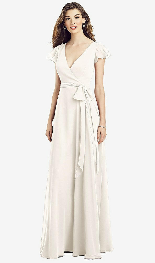 Front View - Ivory Flutter Sleeve Faux Wrap Chiffon Dress