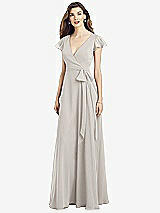 Front View Thumbnail - Oyster Flutter Sleeve Faux Wrap Chiffon Dress