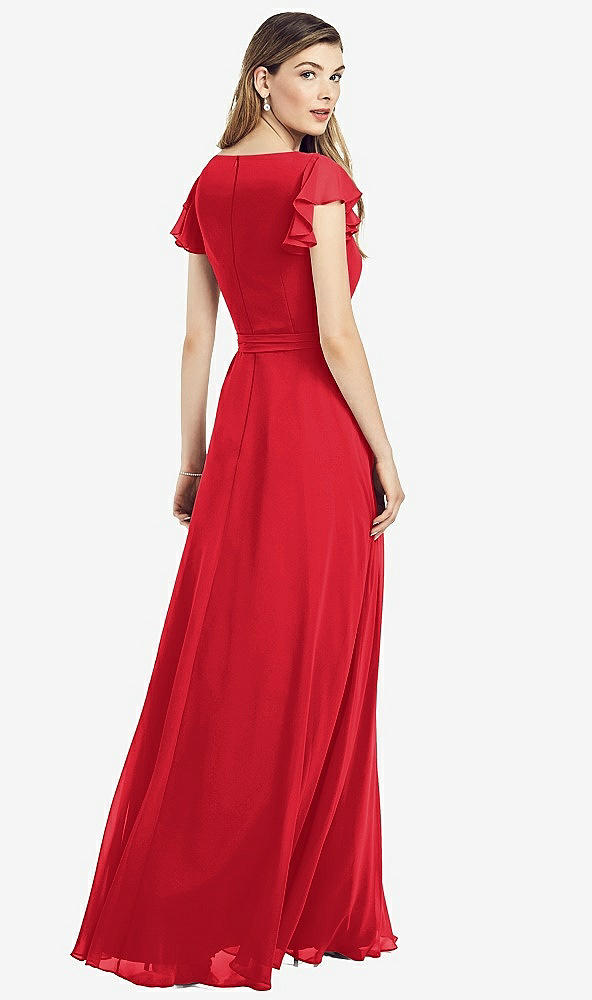 Back View - Parisian Red Flutter Sleeve Faux Wrap Chiffon Dress