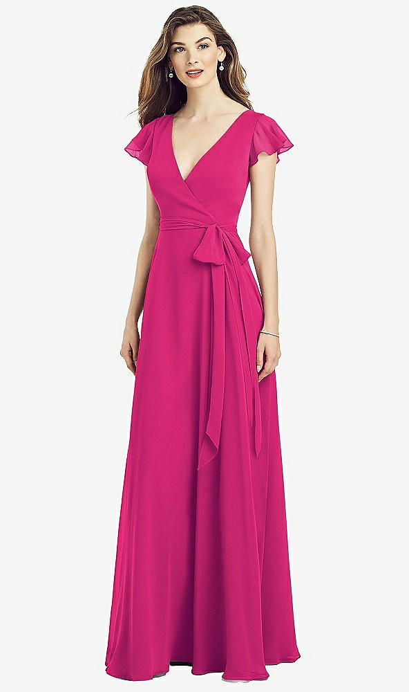 Front View - Think Pink Flutter Sleeve Faux Wrap Chiffon Dress