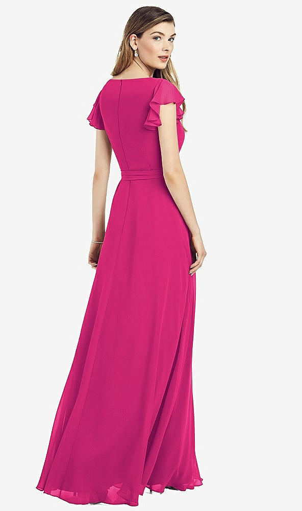 Back View - Think Pink Flutter Sleeve Faux Wrap Chiffon Dress