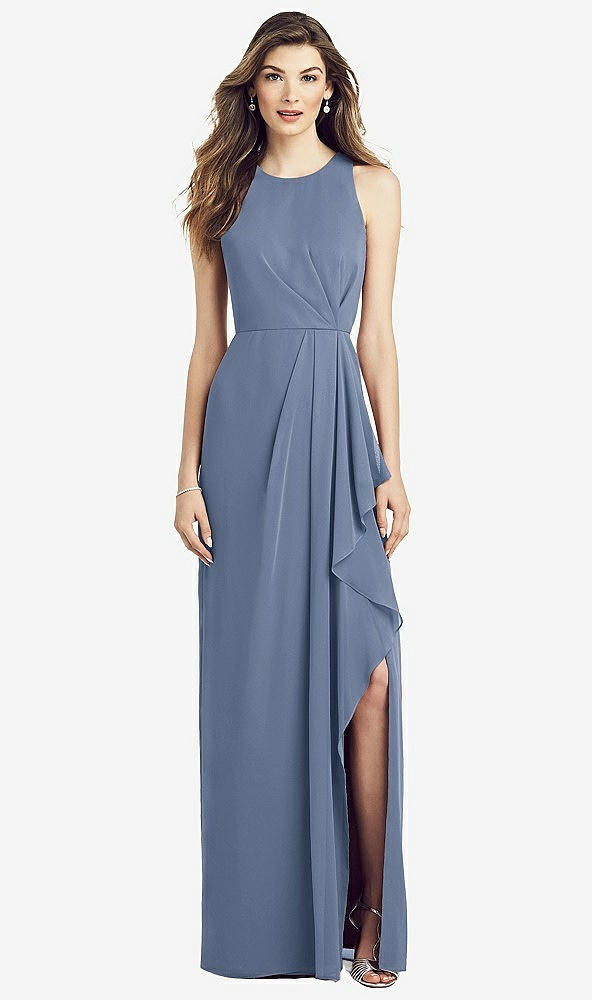 Front View - Larkspur Blue Sleeveless Chiffon Dress with Draped Front Slit