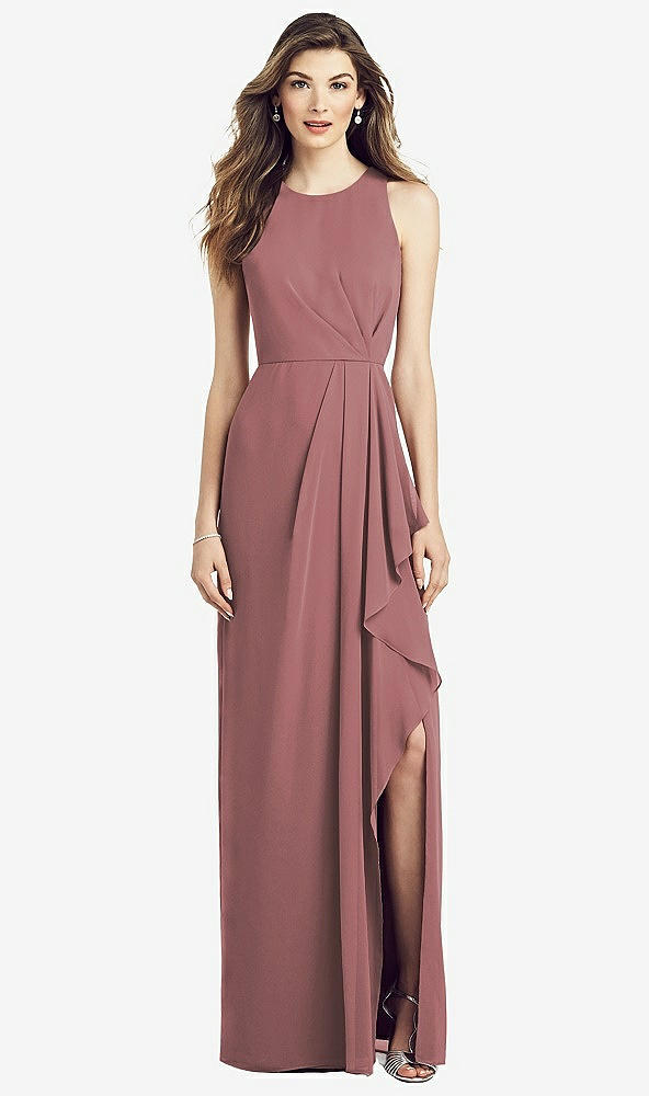 Front View - Rosewood Sleeveless Chiffon Dress with Draped Front Slit