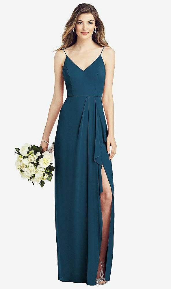 Front View - Atlantic Blue Spaghetti Strap Draped Skirt Gown with Front Slit