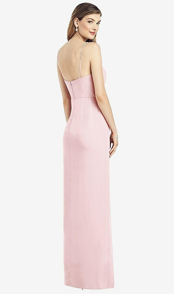 Back View - Ballet Pink Spaghetti Strap Draped Skirt Gown with Front Slit