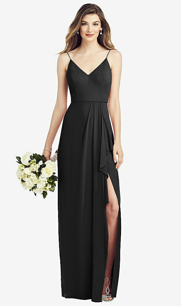 Front View - Black Spaghetti Strap Draped Skirt Gown with Front Slit