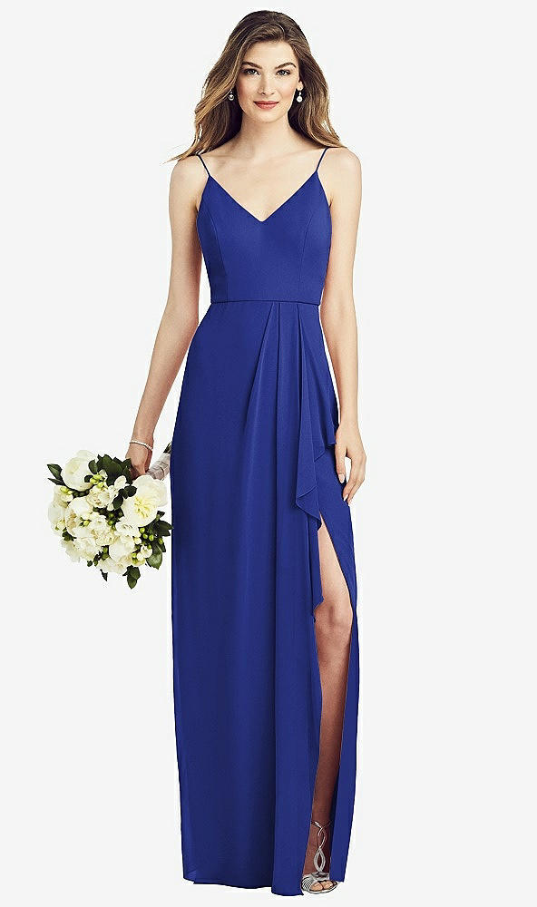 Front View - Cobalt Blue Spaghetti Strap Draped Skirt Gown with Front Slit