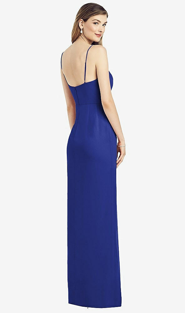 Back View - Cobalt Blue Spaghetti Strap Draped Skirt Gown with Front Slit