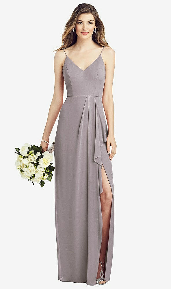 Front View - Cashmere Gray Spaghetti Strap Draped Skirt Gown with Front Slit