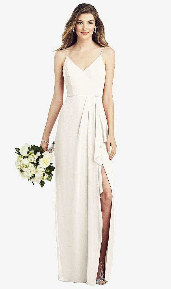 Front View - Ivory Spaghetti Strap Draped Skirt Gown with Front Slit