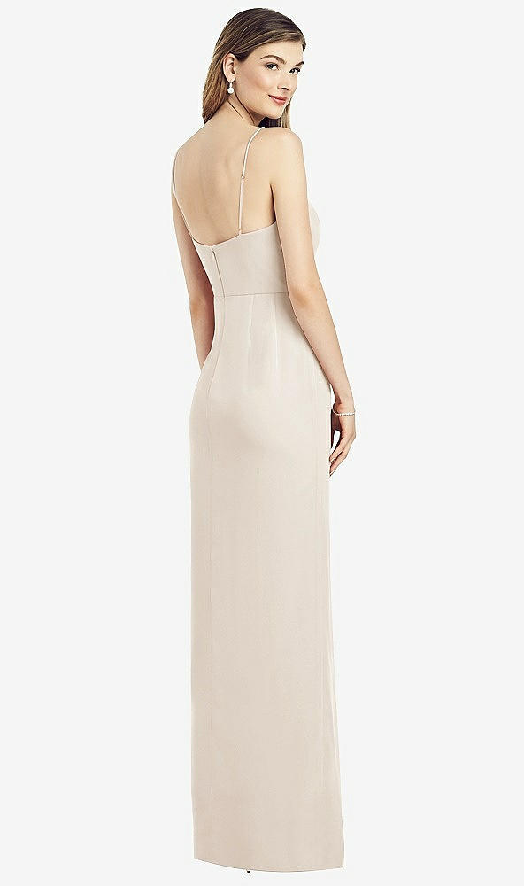 Back View - Oat Spaghetti Strap Draped Skirt Gown with Front Slit