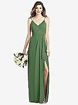 Front View Thumbnail - Vineyard Green Spaghetti Strap Draped Skirt Gown with Front Slit
