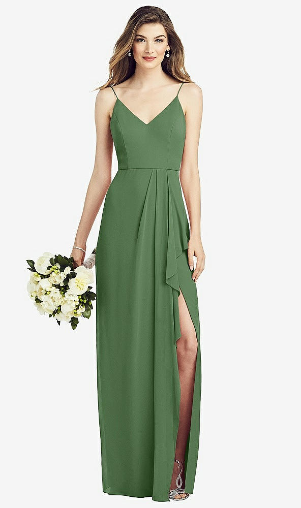 Front View - Vineyard Green Spaghetti Strap Draped Skirt Gown with Front Slit