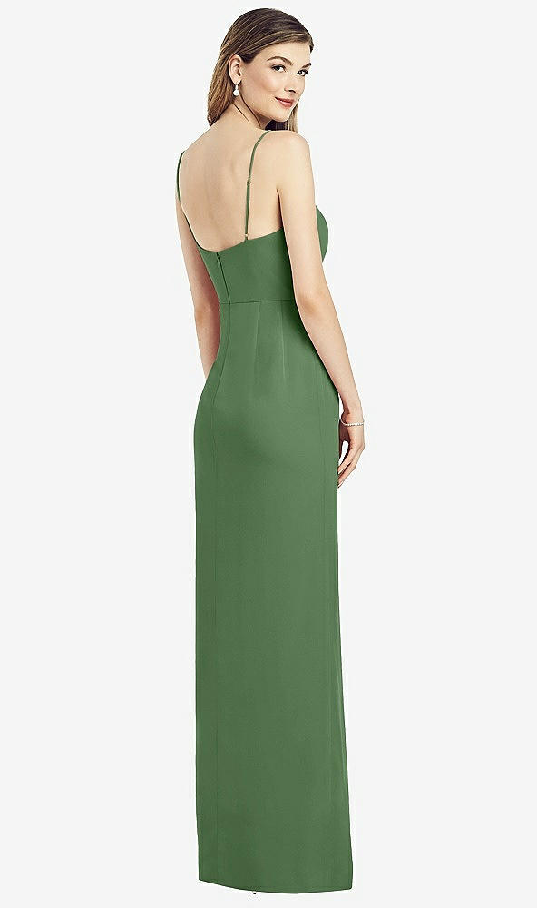 Back View - Vineyard Green Spaghetti Strap Draped Skirt Gown with Front Slit
