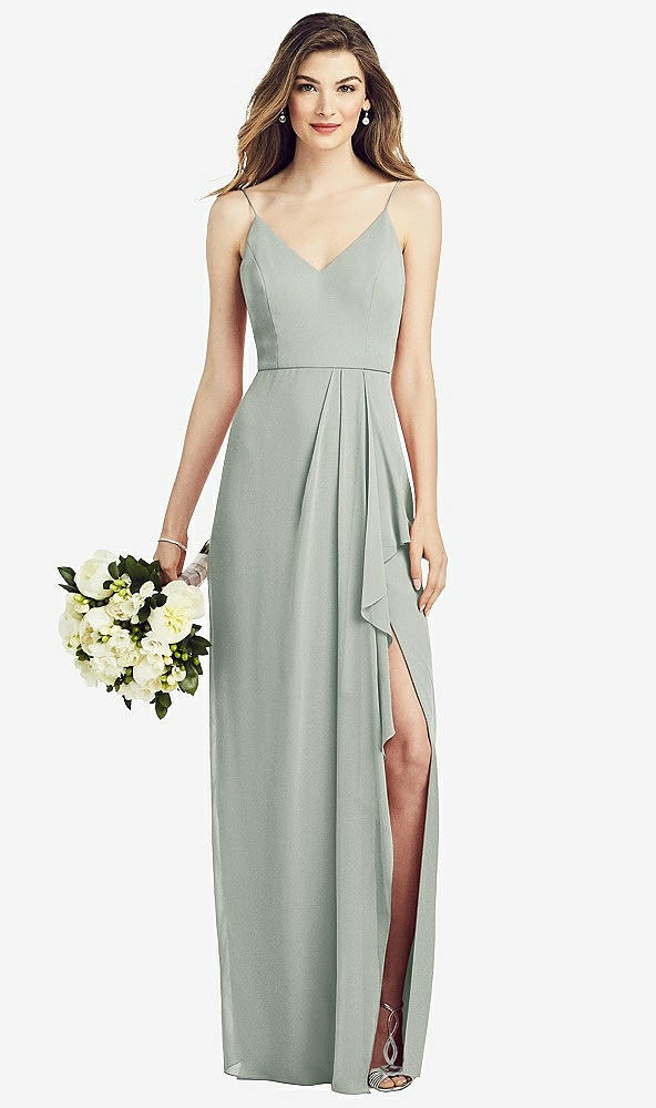 Front View - Willow Green Spaghetti Strap Draped Skirt Gown with Front Slit