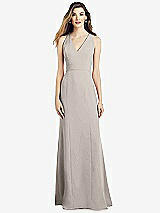 Front View Thumbnail - Taupe V-Neck Keyhole Back Crepe Trumpet Gown