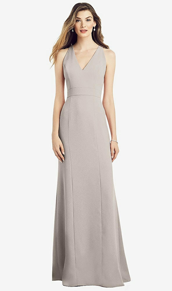 Front View - Taupe V-Neck Keyhole Back Crepe Trumpet Gown