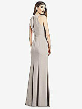 Rear View Thumbnail - Taupe V-Neck Keyhole Back Crepe Trumpet Gown