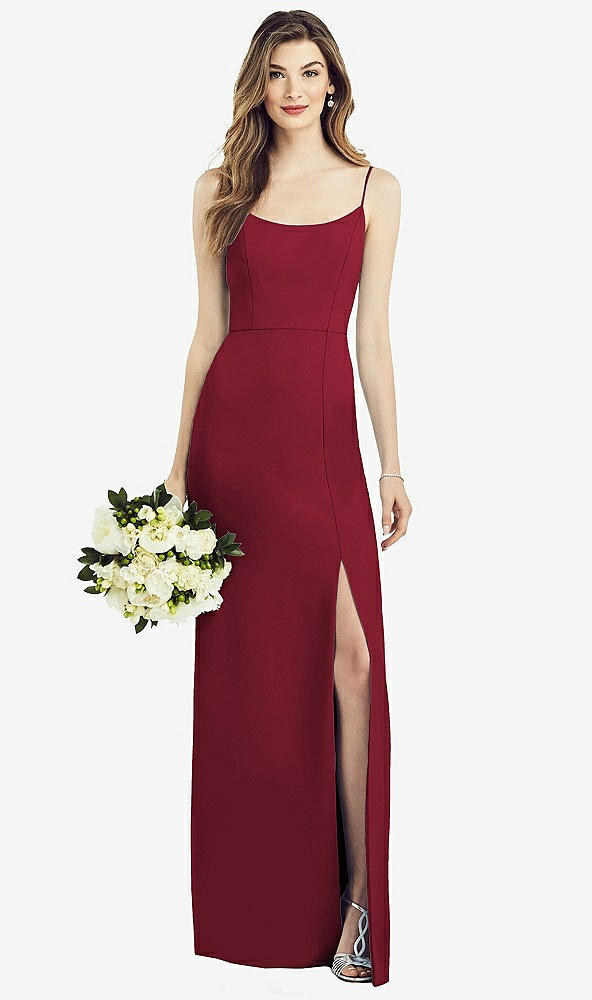 Front View - Burgundy Spaghetti Strap V-Back Crepe Gown with Front Slit