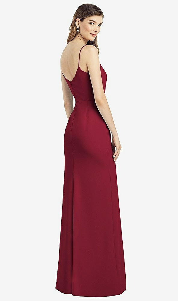 Back View - Burgundy Spaghetti Strap V-Back Crepe Gown with Front Slit