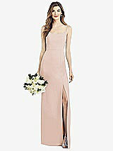 Front View Thumbnail - Cameo Spaghetti Strap V-Back Crepe Gown with Front Slit