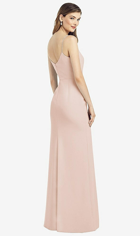 Back View - Cameo Spaghetti Strap V-Back Crepe Gown with Front Slit