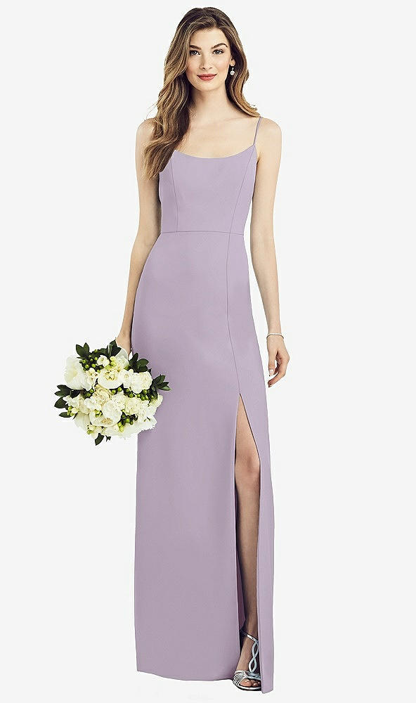 Front View - Lilac Haze Spaghetti Strap V-Back Crepe Gown with Front Slit