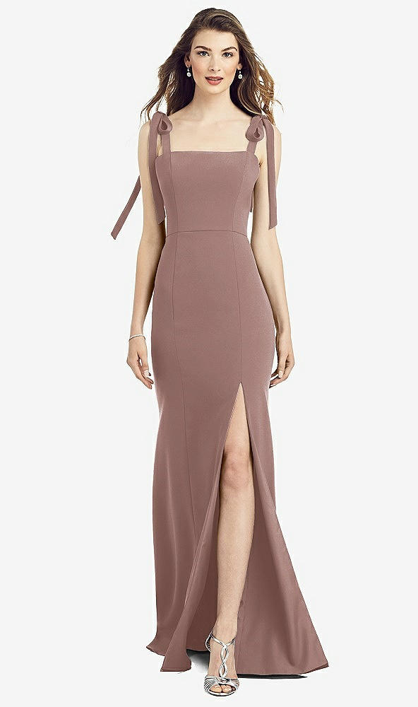 Front View - Sienna Flat Tie-Shoulder Crepe Trumpet Gown with Front Slit