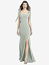 Front View Thumbnail - Willow Green Flat Tie-Shoulder Crepe Trumpet Gown with Front Slit
