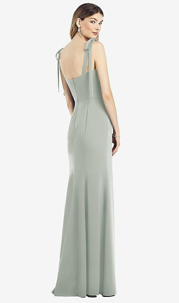 Back View - Willow Green Flat Tie-Shoulder Crepe Trumpet Gown with Front Slit