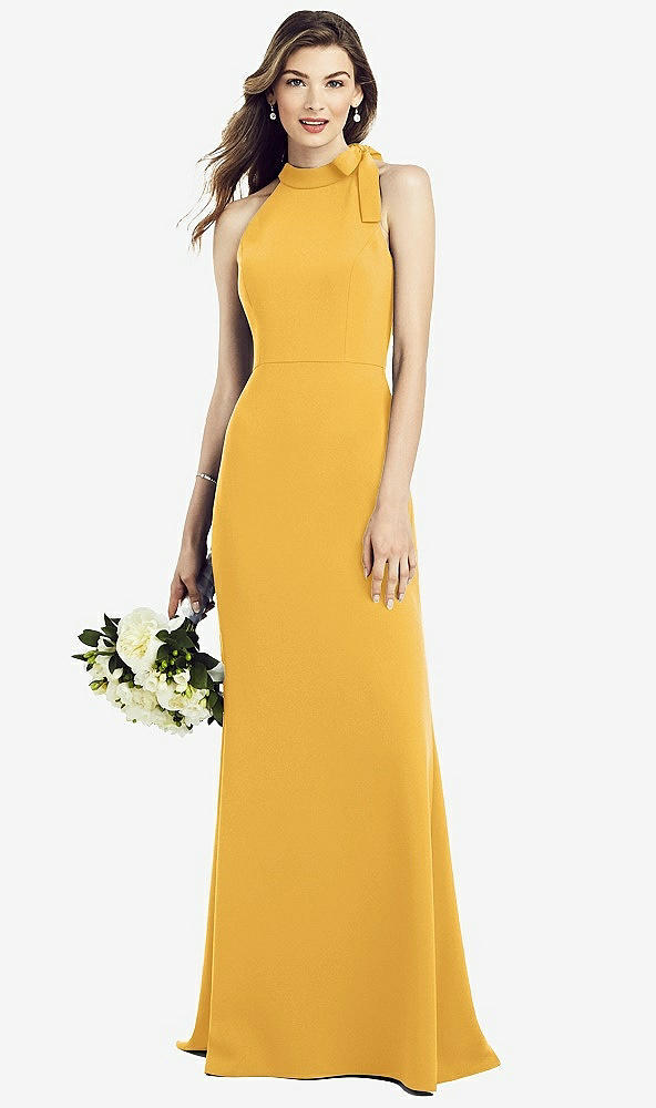 Back View - NYC Yellow Bow-Neck Open-Back Trumpet Gown