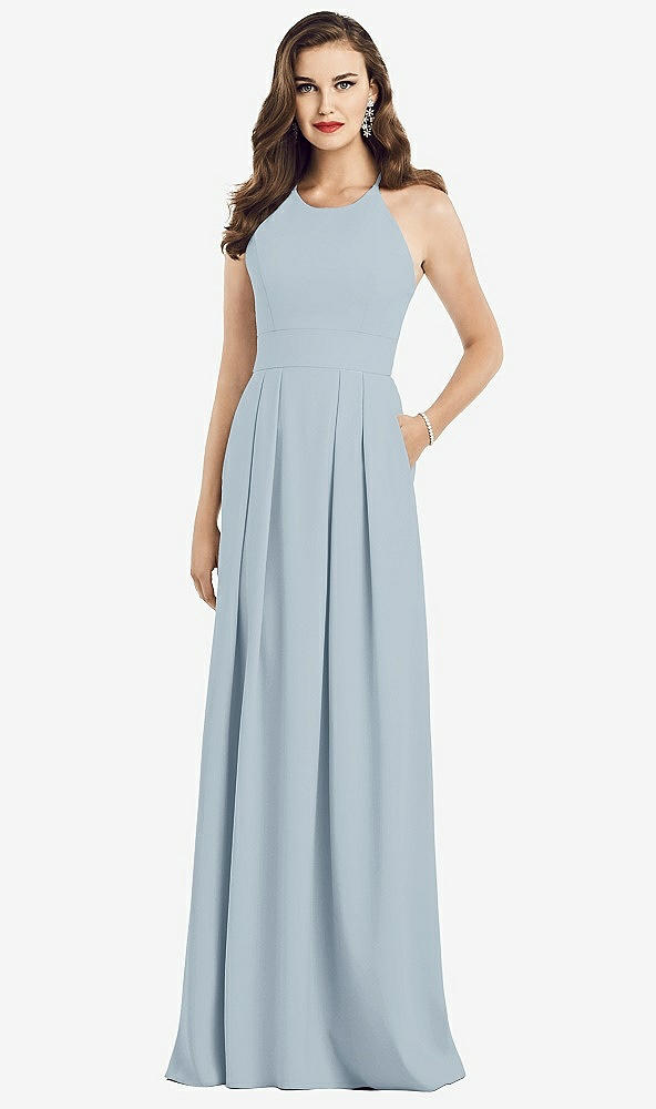 Front View - Mist Criss Cross Back Crepe Halter Dress with Pockets