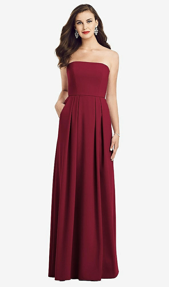 Front View - Burgundy Strapless Pleated Skirt Crepe Dress with Pockets