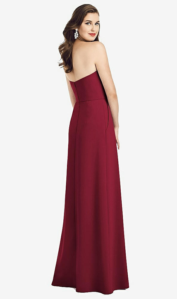 Back View - Burgundy Strapless Pleated Skirt Crepe Dress with Pockets