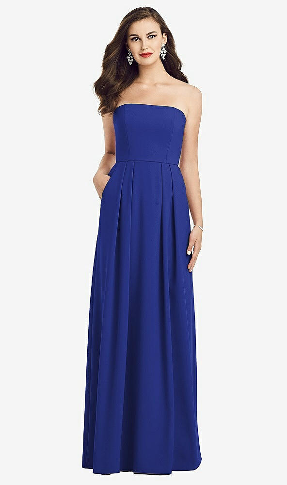 Front View - Cobalt Blue Strapless Pleated Skirt Crepe Dress with Pockets