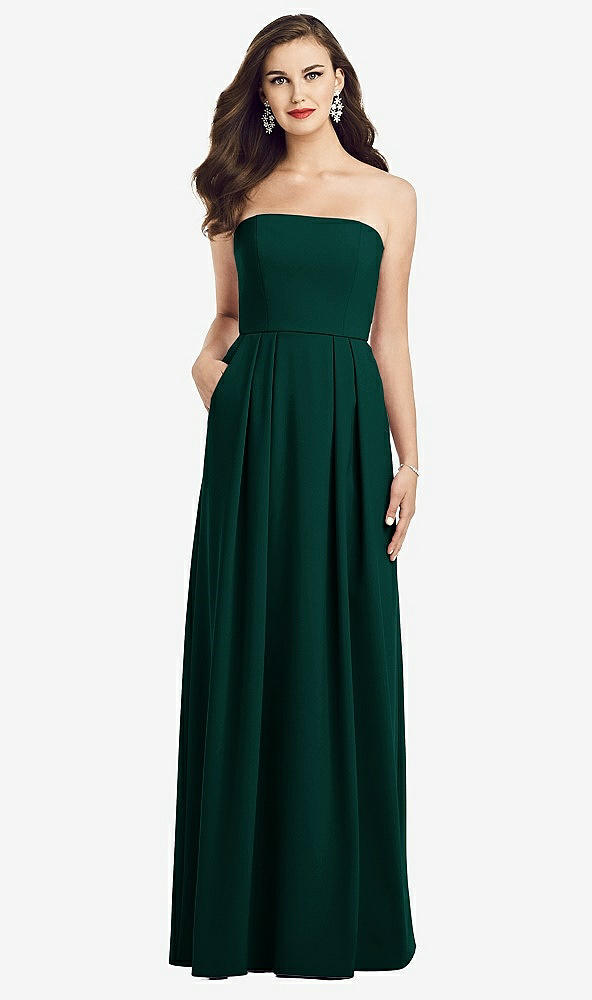 Front View - Evergreen Strapless Pleated Skirt Crepe Dress with Pockets